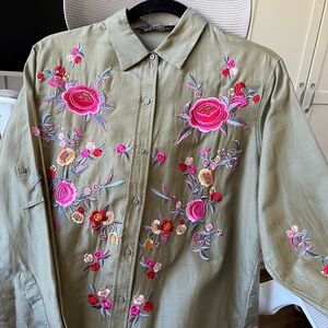 Zara Olive Green Floral Embroidered Shirt